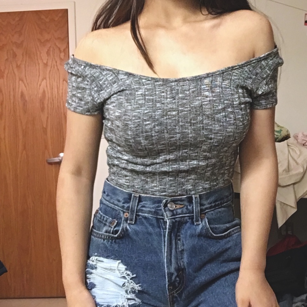 Wide scoop neck off the shoulder knit top